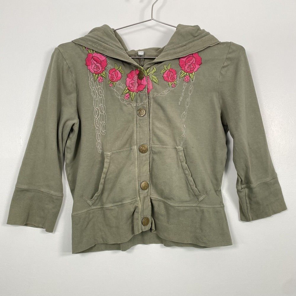 JW Los Angeles Hoodie Cardigan Womens Large Green Rock & Roll Floral Embroidered